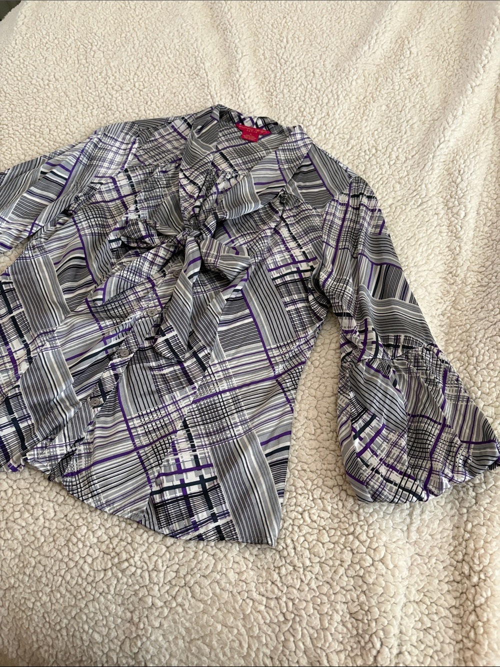 Sunny Leigh Gray and Purple Plaid Bow-Neck Blouse